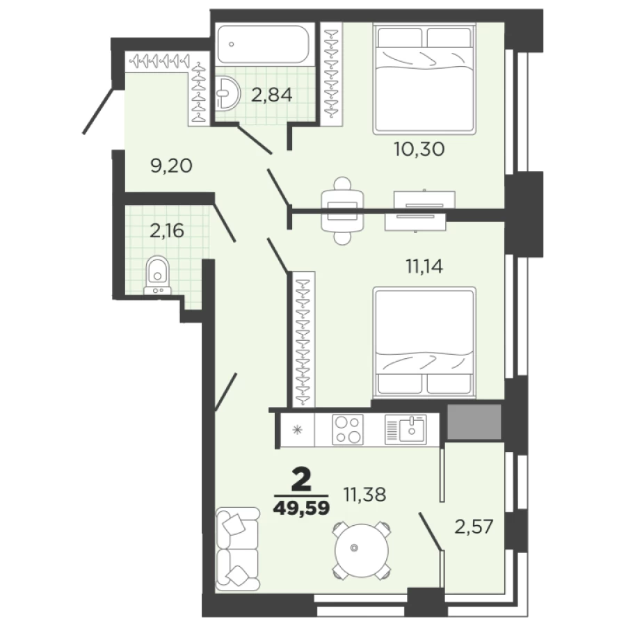 2-ая квартира 49,59  м2 с отделкой